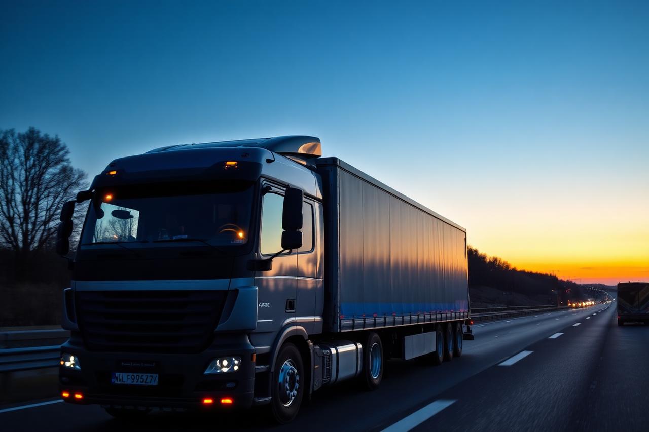 Vrachtwagen op een Europese snelweg tijdens internationaal voertuigtransport