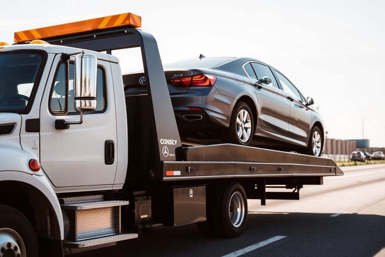 Personenauto op de laadbak van een takelwagen tijdens voertuigtransport